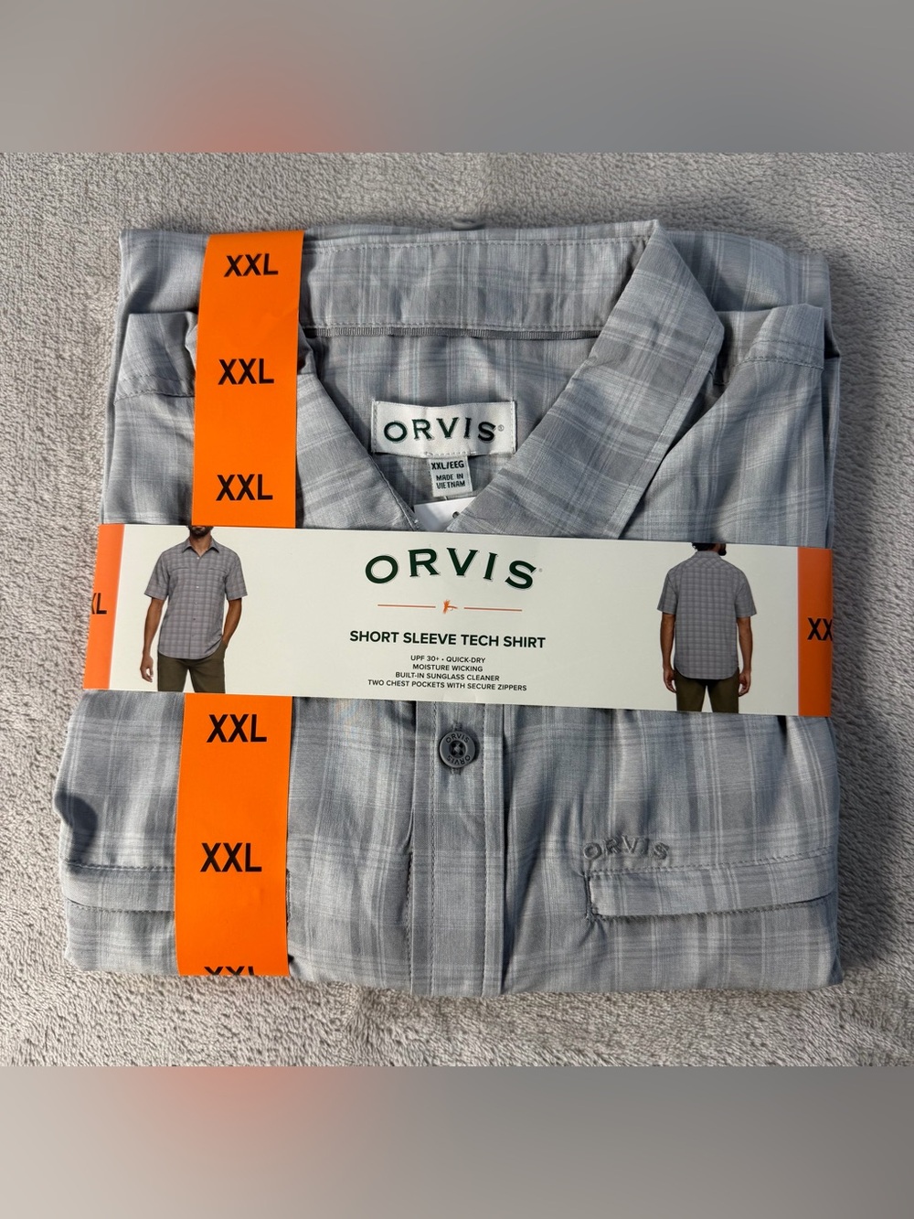 Orvis Mens Short Sleeve Tech Shirt Plaid Quick Dry Gray Small XXL UPF 30